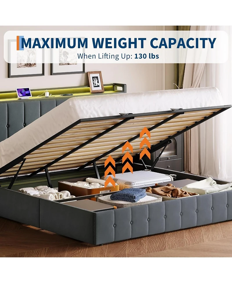 gaomon King Lift Up Storage Bed Frame Velvet Upholstered Hydraulic Platform Storage Headboard Led Charging Wood Slats No Box Spring