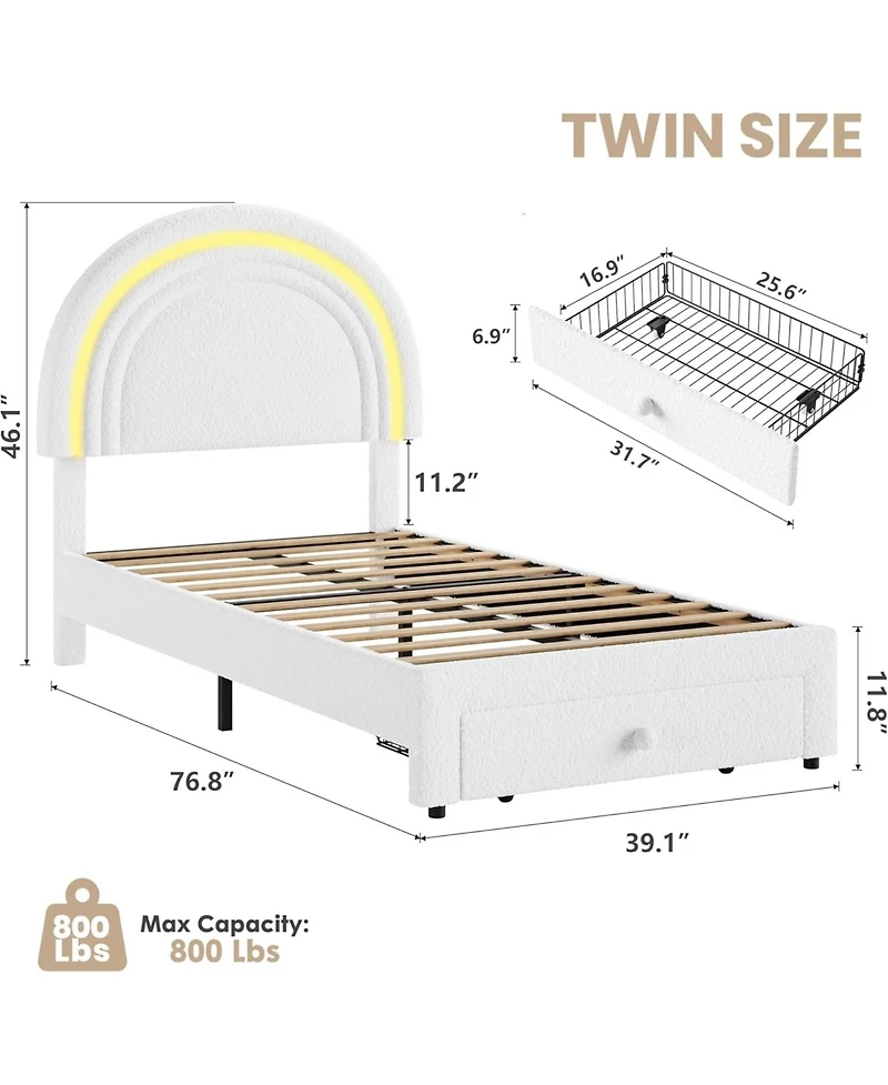 gaomon Bed Frame for Kids Boucle Platform Led Rainbow Headboard Storage Drawer Berber Fleece Sturdy Wood Slats