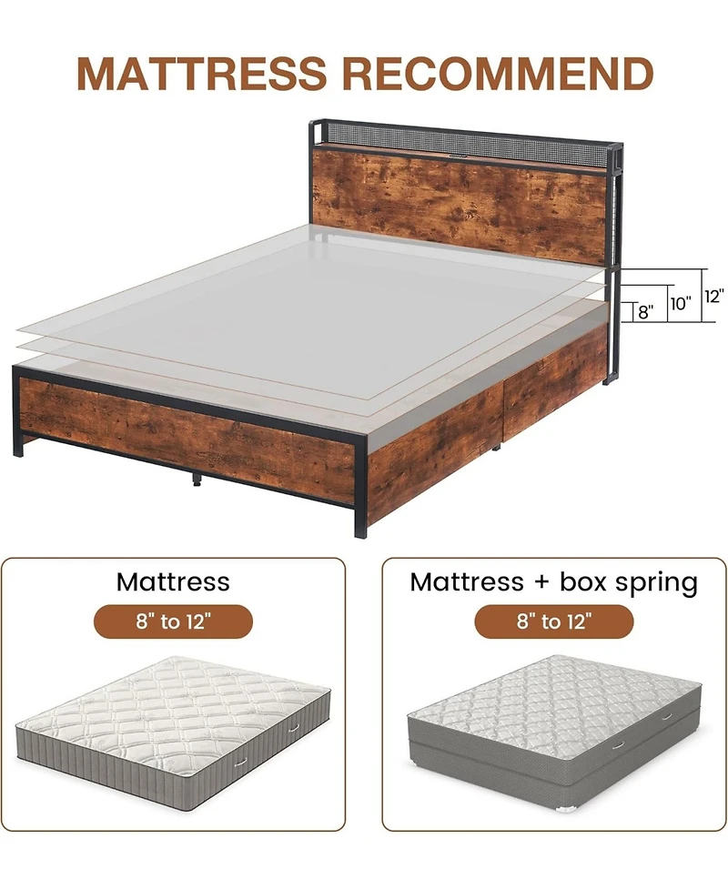 gaomon Queen Platform Bed Frame With Storage Headboard 4 Drawers Led Bed Usb Ports Wood Slats Retro