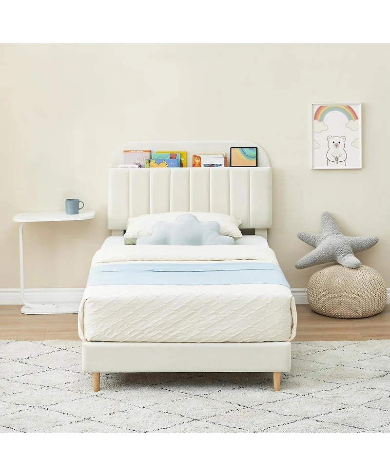 gaomon Twin Bed Frame With Bookcase Headboard Upholstered Platform Kids Bed Wooden Slats No Box Spring