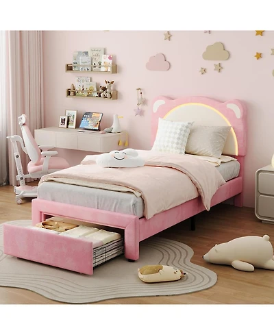 gaomon Twin Xl Bed Frame with Led Adjustable Bear Headboard Storage Drawers Kids Velvet Upholstered Platform Wood Slat