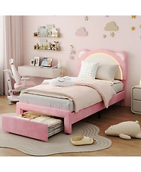 gaomon Twin Xl Bed Frame with Led Adjustable Bear Headboard Storage Drawers Kids Velvet Upholstered Platform Wood Slat