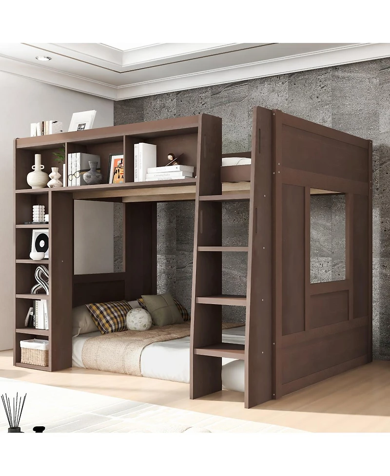 Streamdale Furniture Queen Size Wooden Loft Bed with Storage Cabinets and Shelves