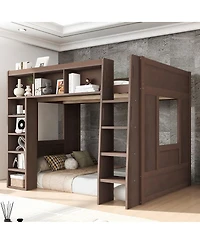 Streamdale Furniture Queen Size Wooden Loft Bed with Storage Cabinets and Shelves