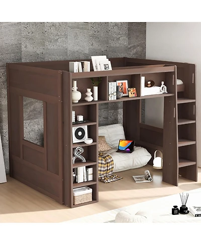 Streamdale Furniture Queen Size Wooden Loft Bed with Storage Cabinets and Shelves