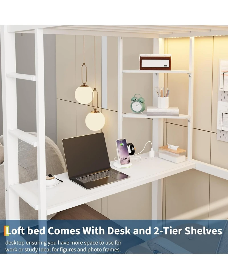 gaomon Loft Bed with Desk, 4 Large Fabric Drawers and 2 Storage Shelves, Heavy Duty Metal Led Lights & Charging Sation, Safety Guard