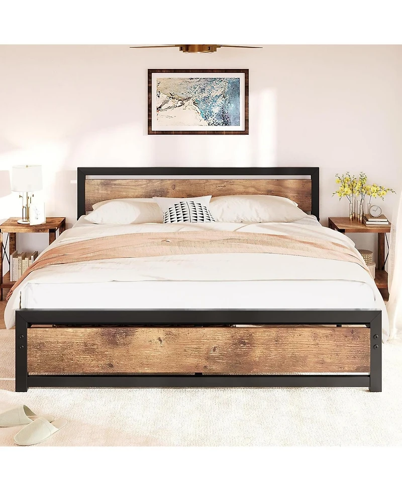 gaomon Bed Frame Industrial Platform With Headboard Easy Assembly Mattress Frame Retro Brown No Box Spring Needed