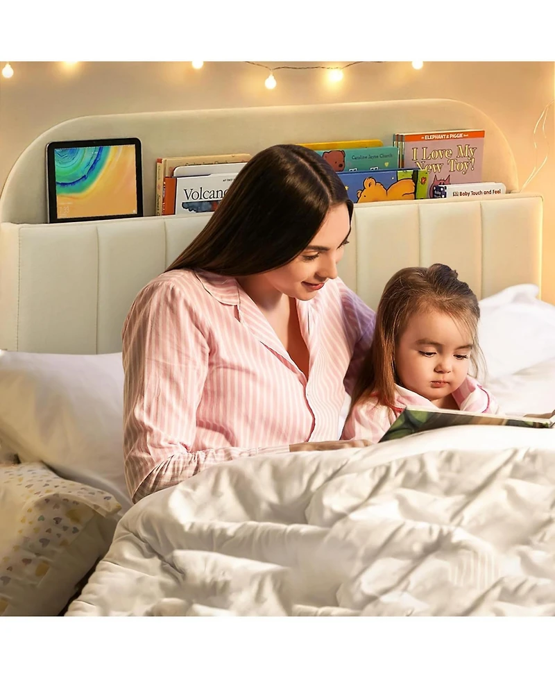 gaomon Bed Frame Storage Headboard Velvet Upholstered Platform Bed Kids Wood Slats Noise Free