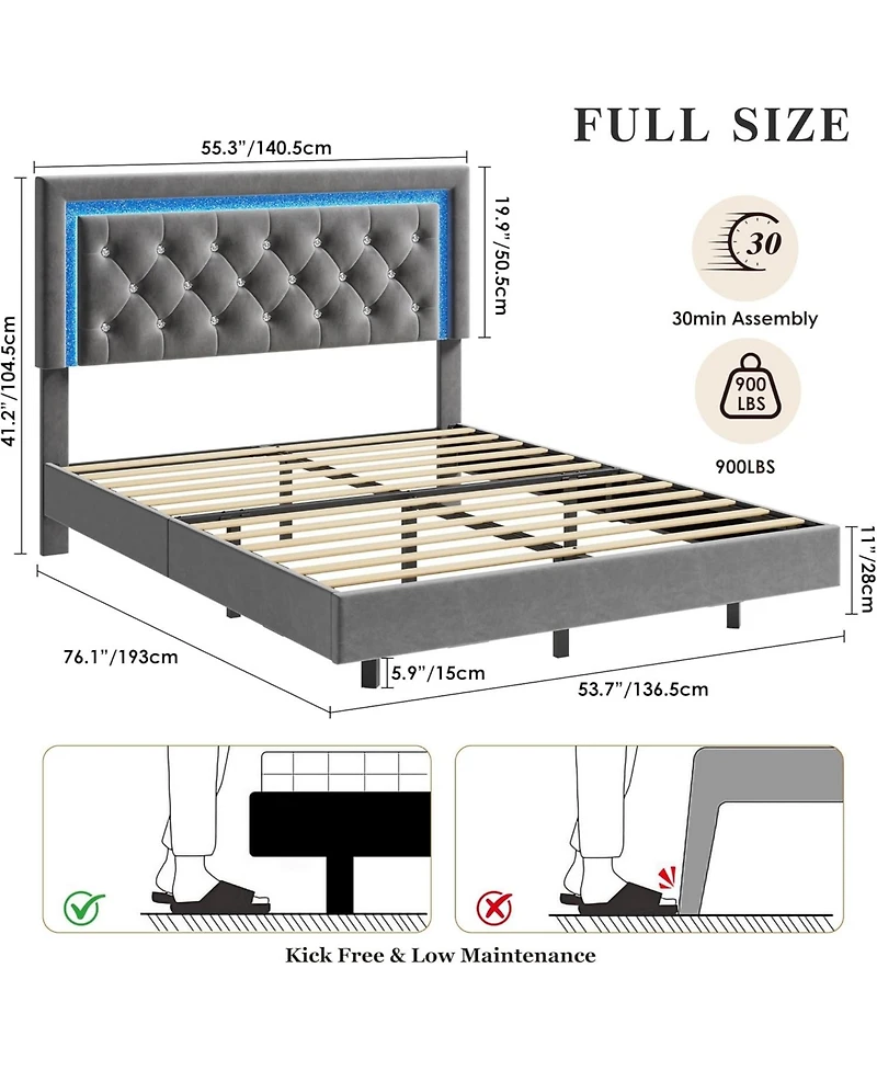 gaomon Floating Bed Frame with Smart Led Upholstery Diamond Headboard Wood Slats No Box Spring Needed Noise Free Easy.