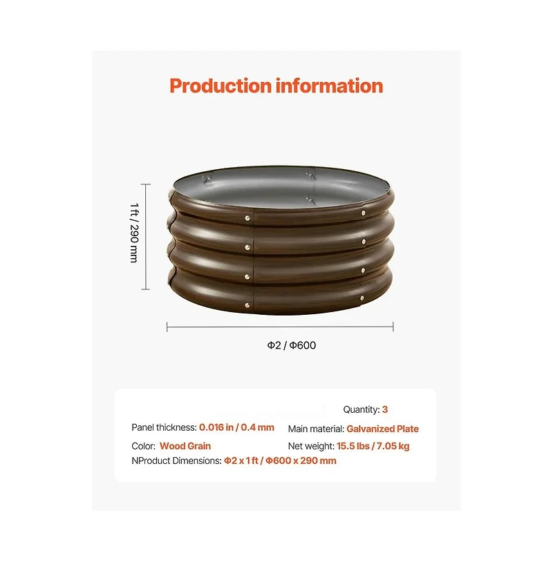 Slickblue 3 Piece Galvanized Steel Planter Boxes Open Bottom Wood Grain