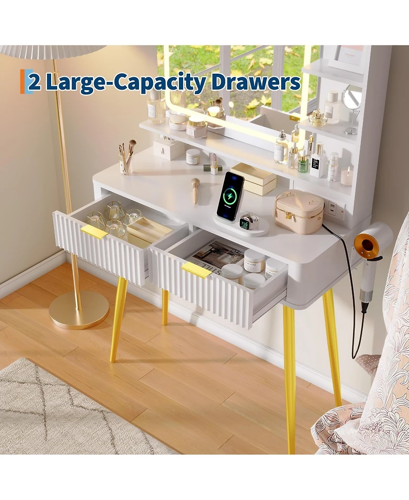 gaomon Mid-Century Modern Makeup Vanity Desk with Lighted Mirror, 2 Drawers and Cabinet