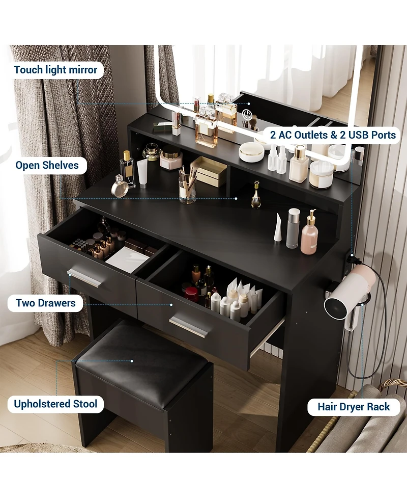 gaomon Modern Small Makeup Vanity Set with 3-Color Led Mirror, 2 Drawers, Stool and Power Outlet