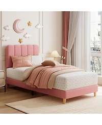 gaomon Upholstered Bed Frame Boucle Platform Wave Headboard for Kids No Box Spring Wood Slats Noise Free