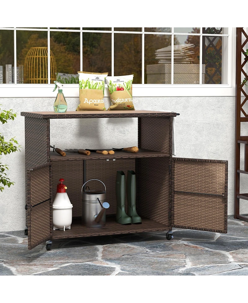 Sugift Outdoor Storage Cabinet with Acacia Wood Top and Lockable Wheels