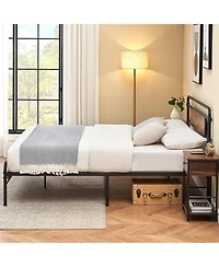 gaomon Queen Platform Bed With Rustic Wood Headboard Strong Metal Slats Mattress Support No Box Spring