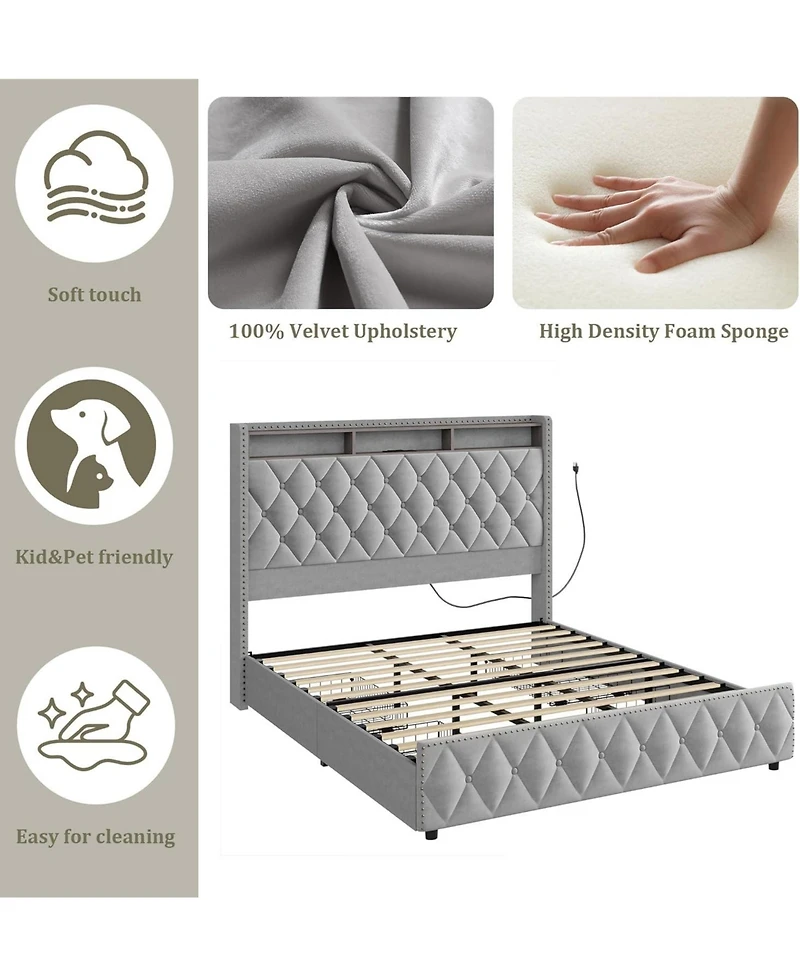 gaomon Queen Velvet Upholstered Platform Bed Frame with 4 Drawers Usb Charging Station Led Easy Assembly Wooden Slat Support