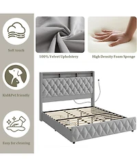 gaomon Queen Velvet Upholstered Platform Bed Frame with 4 Drawers Usb Charging Station Led Easy Assembly Wooden Slat Support
