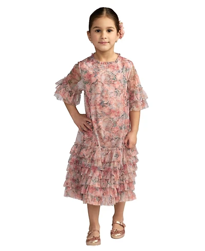 Mac Duggal Big Girls Floral Printed Short Sleeve Ruffle Dress