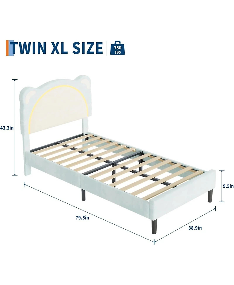 gaomon Twin Xl Bed Frame Upholstered Platform for Kids Adjustable Headboard Led Light Wood Slats No Box Spring