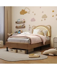 gaomon Twin Xl Bed Frame for Kids Upholstered Adjustable Headboard Led Light Wood Slats No Box Spring Coffee