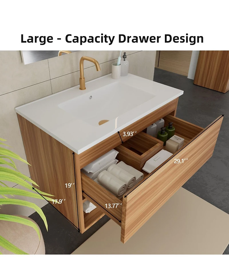 Sillysis 29" Wall Mounted Bathroom Vanity with Sink, Modern Walnut Mdf Cabinet, Large Drawer Storage for Small Space
