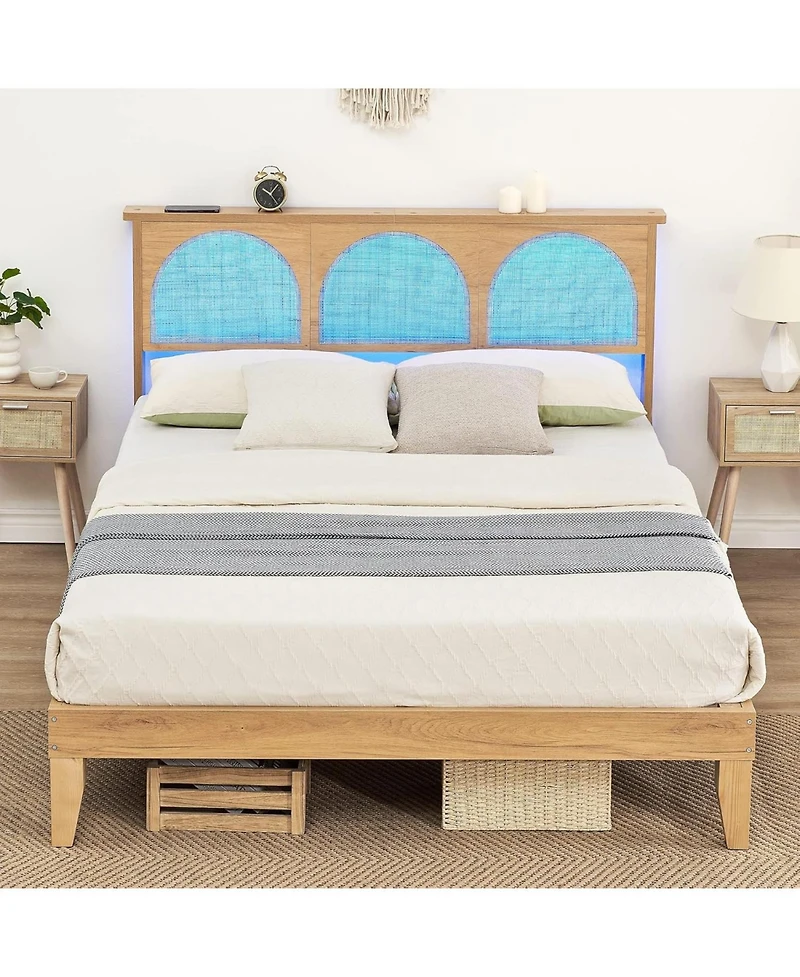 gaomon Queen Bed Frame With Rattan Headboard and Led Lights Wood Slats Support Mattress No Box Spring Easy Assembly
