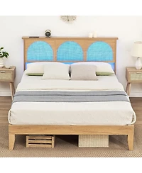 gaomon Queen Bed Frame With Rattan Headboard and Led Lights Wood Slats Support Mattress No Box Spring Easy Assembly