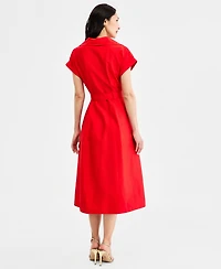 Halston Women's Collared Belted Grommet-Waist Midi Dress