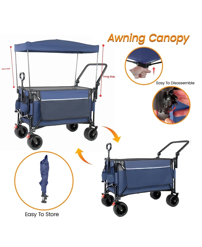 Rainsken Folding Wagon Cart - Multi-Functional Push-Pull Carts with Canopy, Rotating Handle, All-Terrain Wheels, 480lbs Capacity for Transport