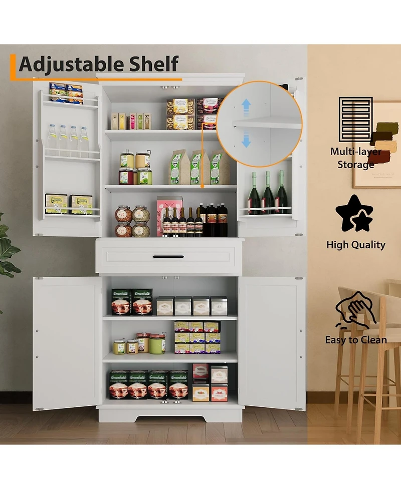 Gaomon 72" Tall Kitchen Pantry Storage Cabinet, Freestanding Cupboard with 1 Drawer & 4 Doors, 3 Adjustable Shelves, Large Storage Cabinet