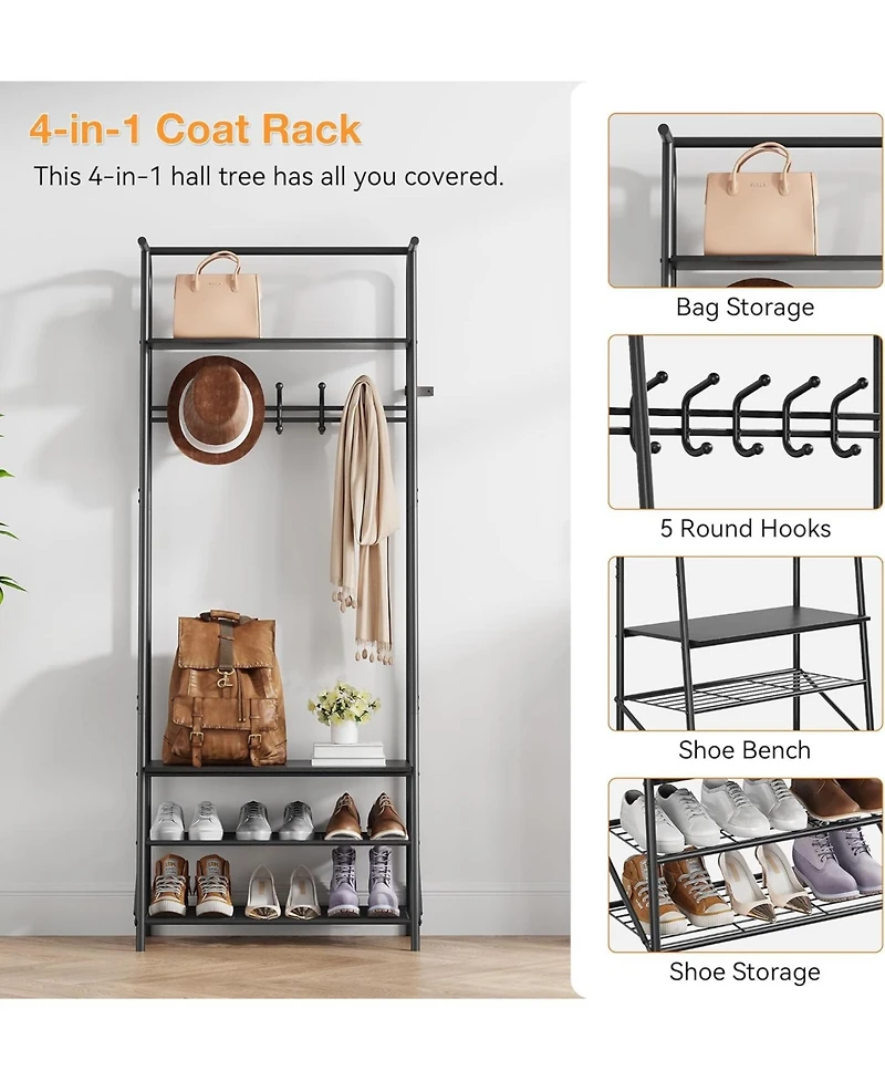 Gaomon Hall Tree Coat Rack with Shoe Storage Bench, 5 Hooks, Metal Frame & Wood Look Design, 60cm Wide Entryway Organizer