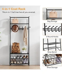 Gaomon Hall Tree Coat Rack with Shoe Storage Bench, 5 Hooks, Metal Frame & Wood Look Design, 60cm Wide Entryway Organizer