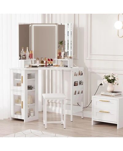 Gaomon Corner Makeup Vanity Desk with Led Lighted Mirror, Storage Cabinet and Charging Station