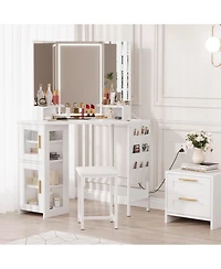 Gaomon Corner Makeup Vanity Desk with Led Lighted Mirror, Storage Cabinet and Charging Station