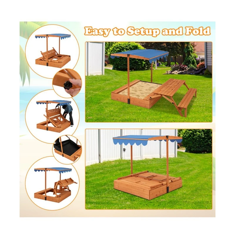 Hongge Kids Wooden Sand Box with Foldable Picnic Sensory Table and Bench