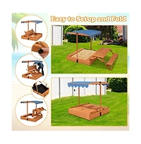 Hongge Kids Wooden Sand Box with Foldable Picnic Sensory Table and Bench