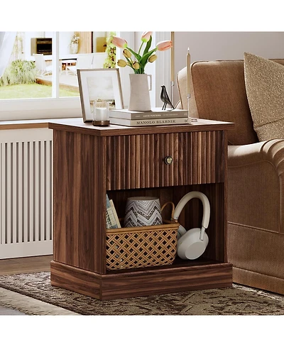 gaomon Fluted Nightstand with Drawer, Mid Century Modern Bedside Table Brown Nightstand with Storage