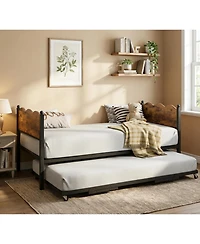 gaomon Twin Daybed with Trundle, Industrial Wood Grain Headboard, Steel Slats Support Sofa Bed for Bedroom