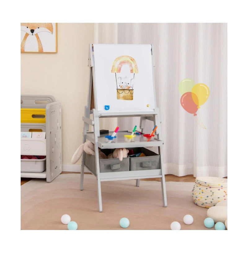 Hongge 3 in 1 Art Easel for Kids with Magnetic Chalkboard and Whiteboard