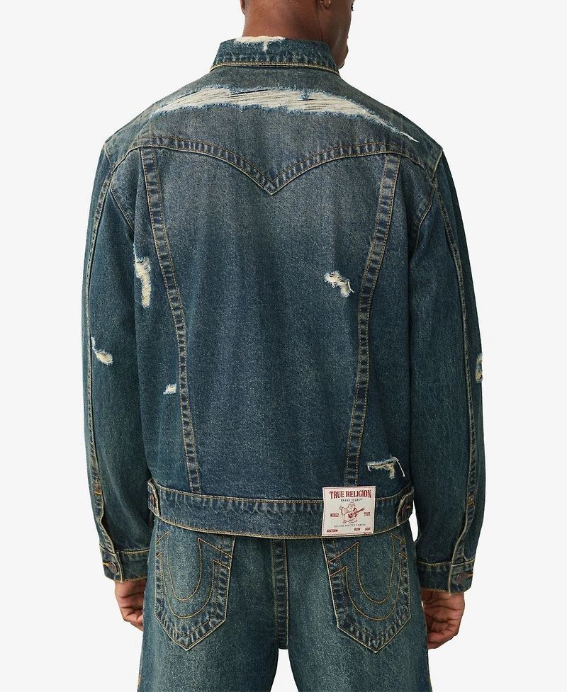 True Religion Men's Collared Destroyed Oversized Jacket