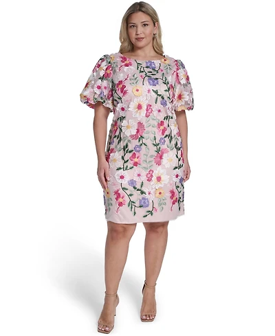 Eliza J Plus Boat Neck Floral Embroidered Mesh Dress