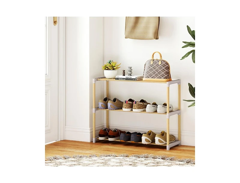Slickblue 3 Tier Solid Wood Shoe Organizer with Open Slatted Storage