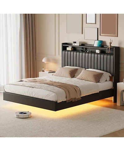 gaomon Full Floating Bed Frame Rgb Led Charging Upholstered Headboard Storage Platform 50 Inch Leather