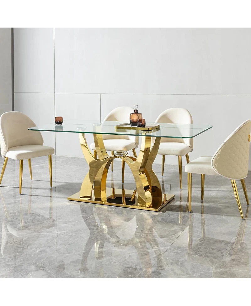 Streamdale Furniture Luxury Glass Dining Table for 6, Clear Glass Top, Gold Curved Base