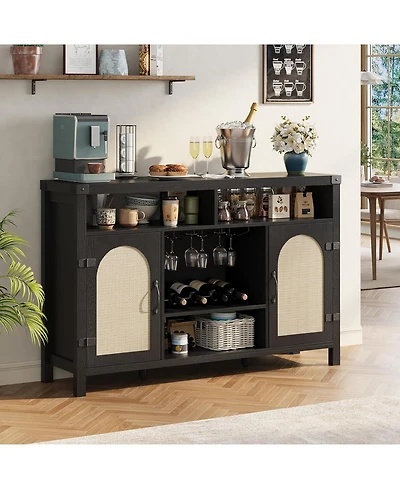 gaomon Farmhouse Wine Bar Cabinet, 52 in Rattan Coffee Bar with Adjustable Storage Shelves, Boho Liquor Sideboard with Wine Racks for Living