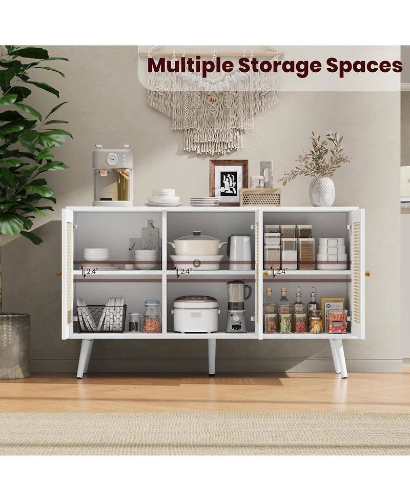 gaomon 47.2" Rattan Sideboard Buffet Cabinet with 3 Doors,Boho Adjustable Shelves, White Console Table for Living R