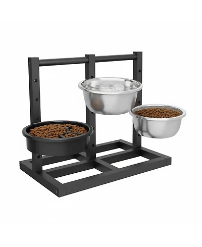 Aronkl Dual Sided Elevated Dog Stand 5 Adjustable Heights 3 Bowls Slow Feeder Stainless Steel Non Slip