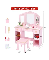 gaomon Kids Pretend Play Vanity Set with Tri-Fold Mirror and Stool