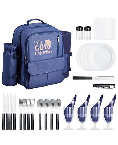 Mecale 4-Person Picnic Backpack with Insulated Cooler, Blanket and Tableware Set