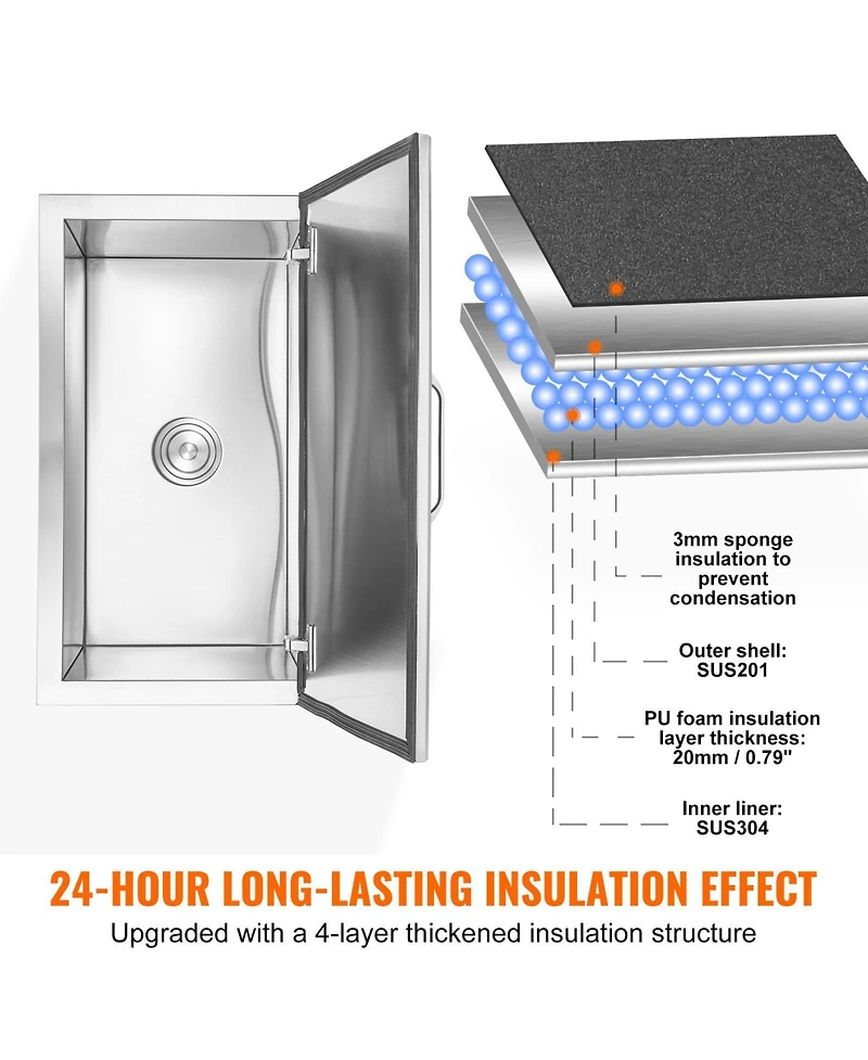 Mecale 24 x 20 x 15 Inch Drop-In Stainless Steel Ice Chest, 40 Qt with Hinged Lid